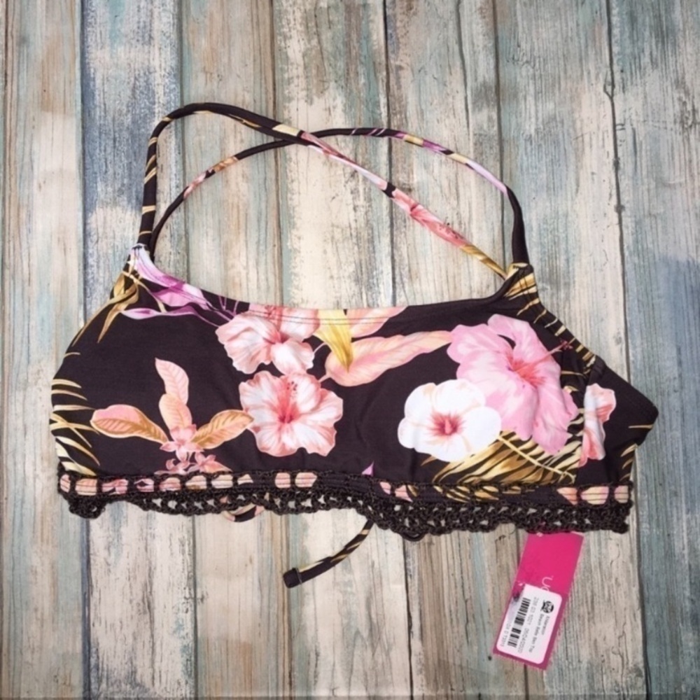 Xhilaration Black Floral Bikini Top Crochet Trim Bralette Tropical Swim - Picture 2 of 6